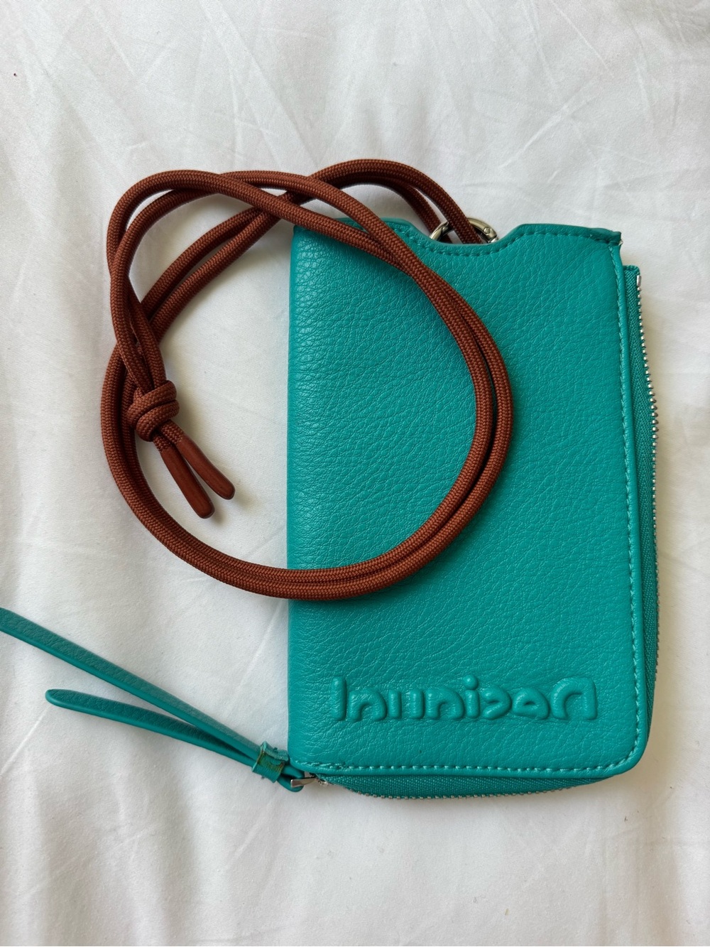 Desigual Teal Crossbody Pouch with Brown Strap